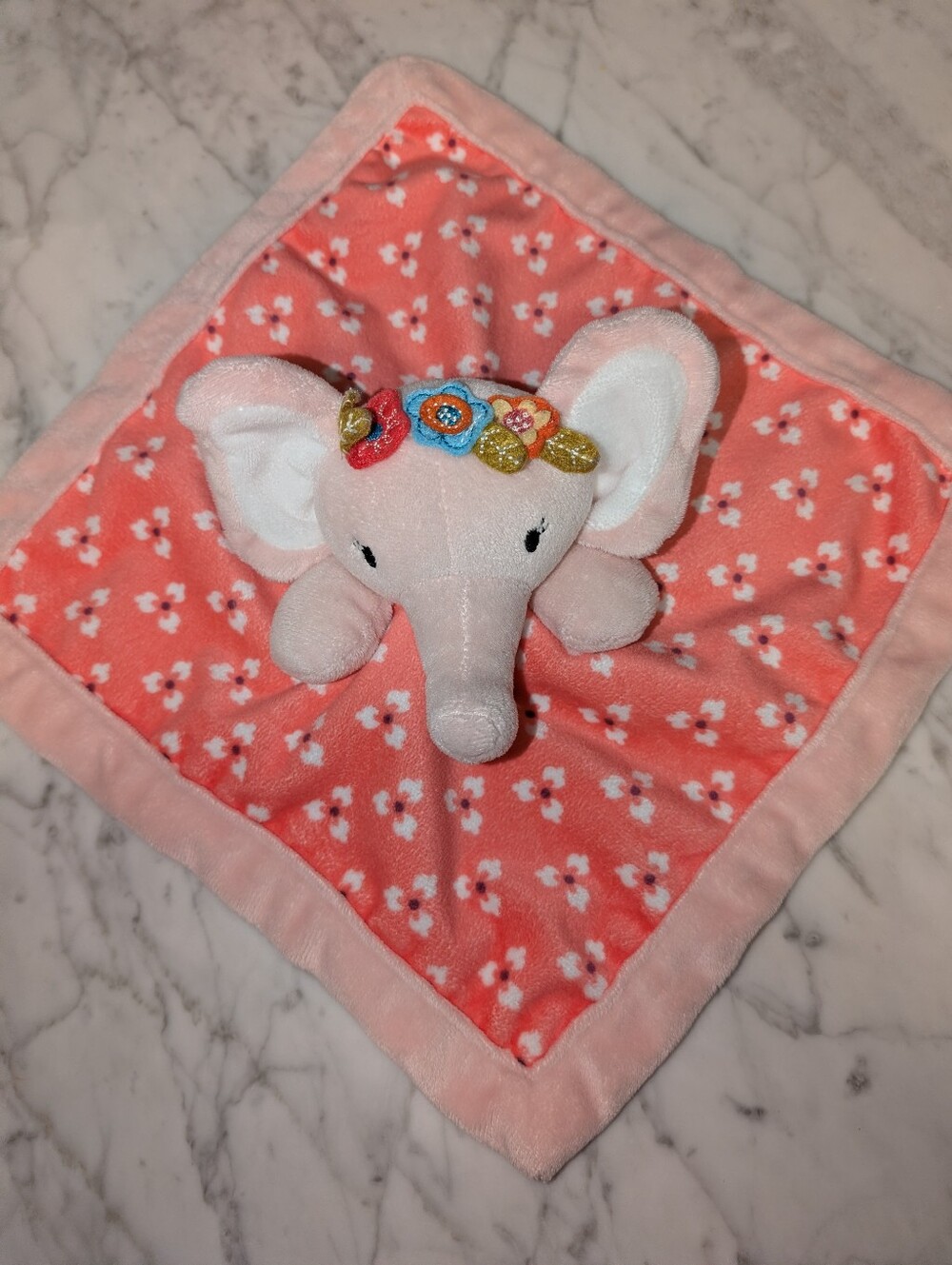 🐘 Levtex Baby Pink Elephant Lovey Security Blanket Nunu with Floral Headband 💐